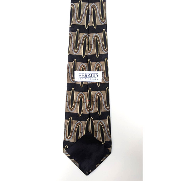 Vintage 80's 90s Louis Feraud Brown Black Abstract Geometric Print Silk Neck Tie - Picture 6 of 7